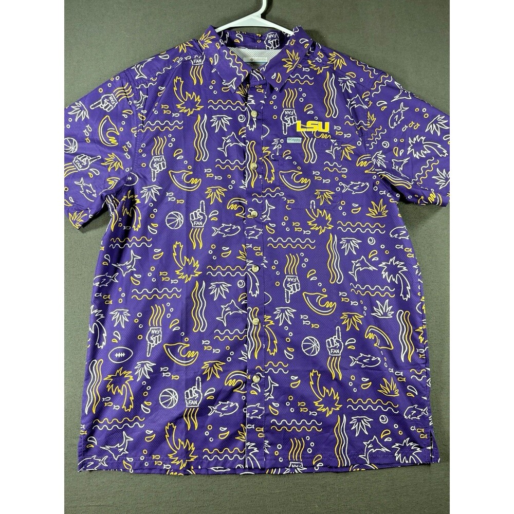 LSU Tigers Shirt Mens Large Purple Football Columbia PFG Fishing Vented Button